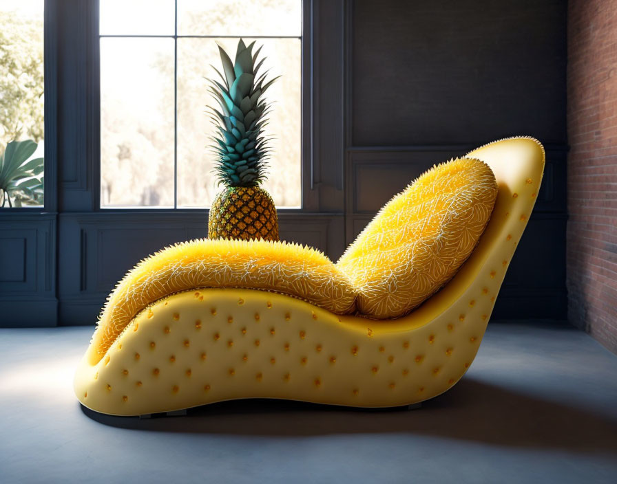 Pineapple-themed sofa with large pineapple backrest in dark room