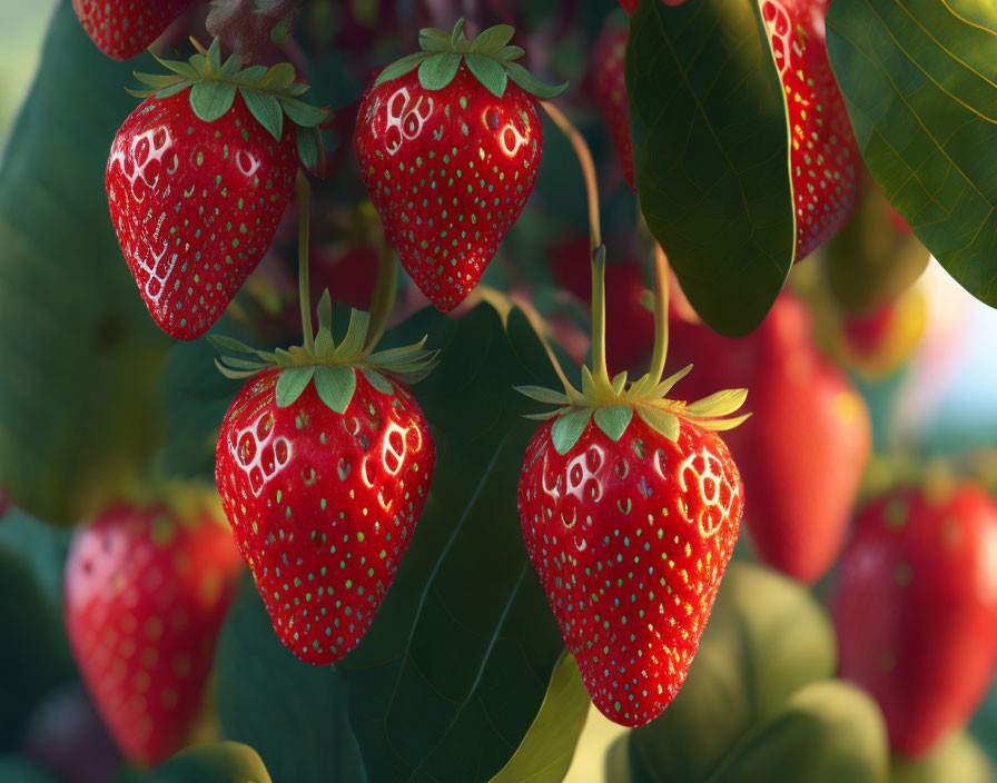 Fresh ripe strawberries on plant with green leaves - vibrant reds and fresh greens.