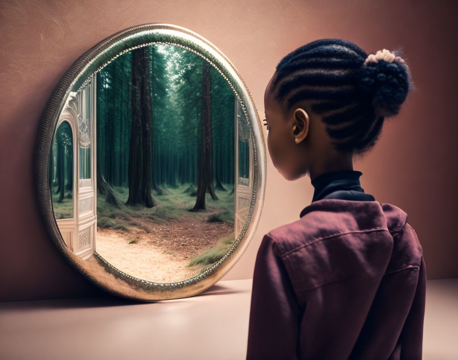 Braided hair youth gazes into mirror with forest reflection