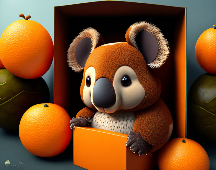 Stylized cartoon koala in orange box with oranges & slices