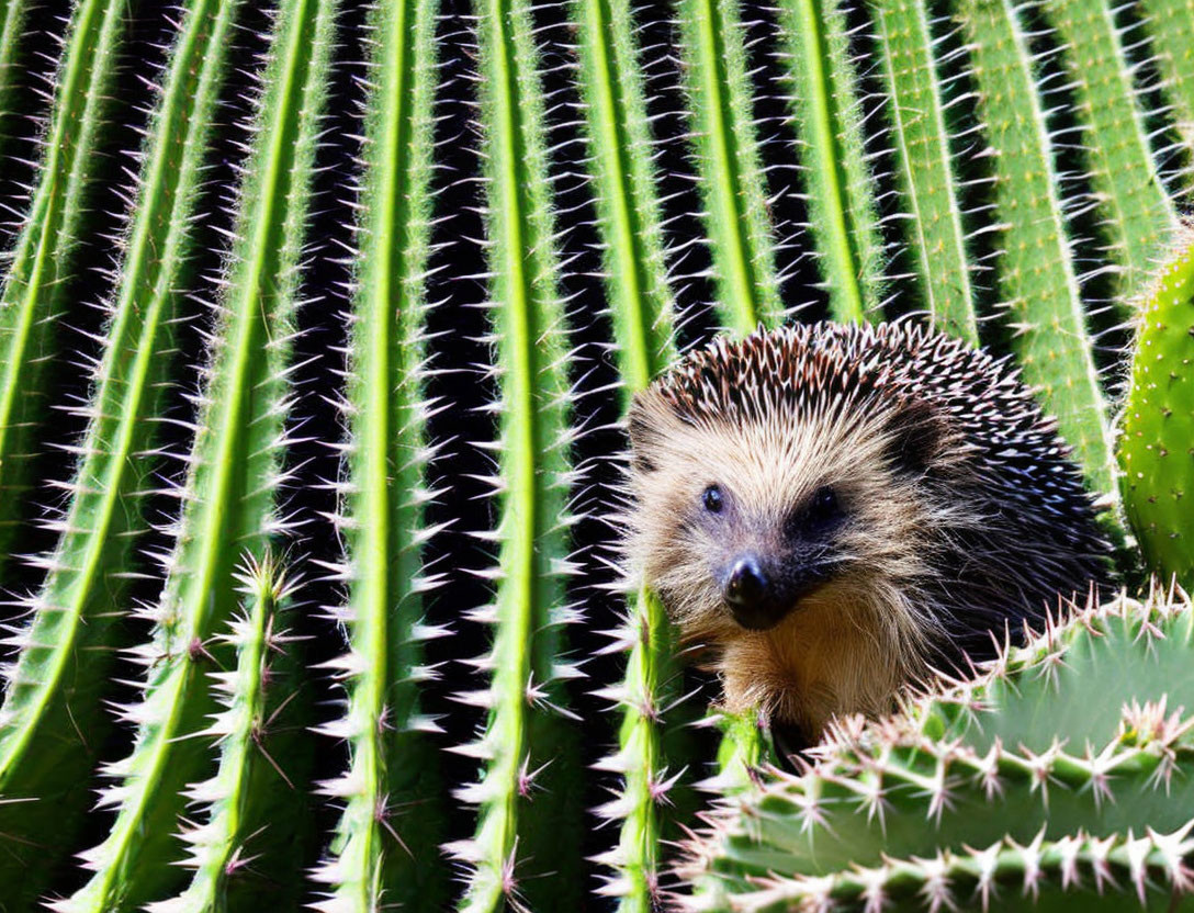 Adorable hedgehog hiding behind green cactus spines