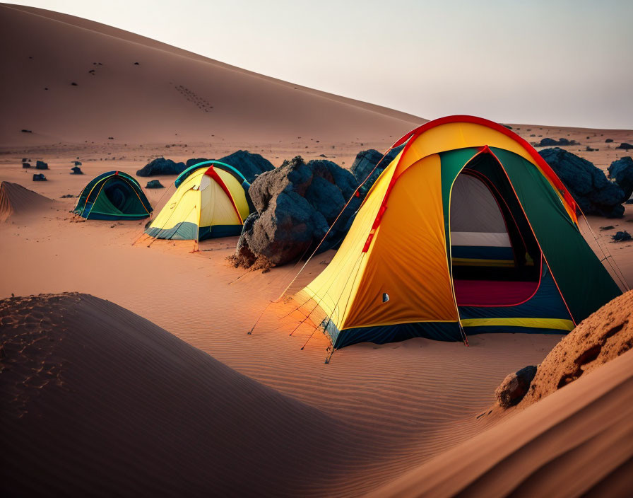 Vibrant tents in desert at dusk with scattered rocks