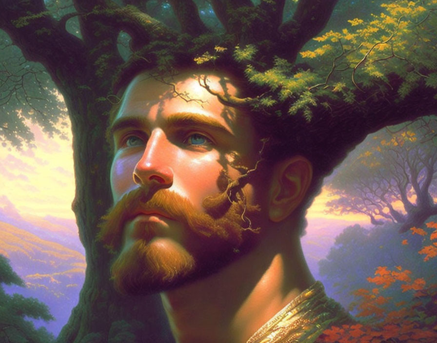 Man with Beard and Tree Branches in Ethereal Forest Portrait