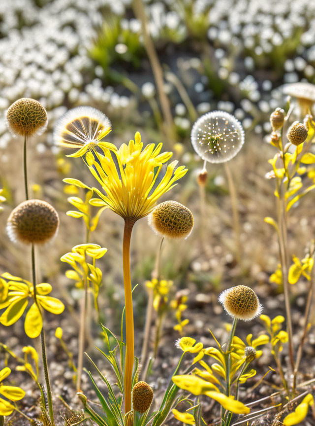 Sunlit meadow with yellow flowers and fluffy seed heads