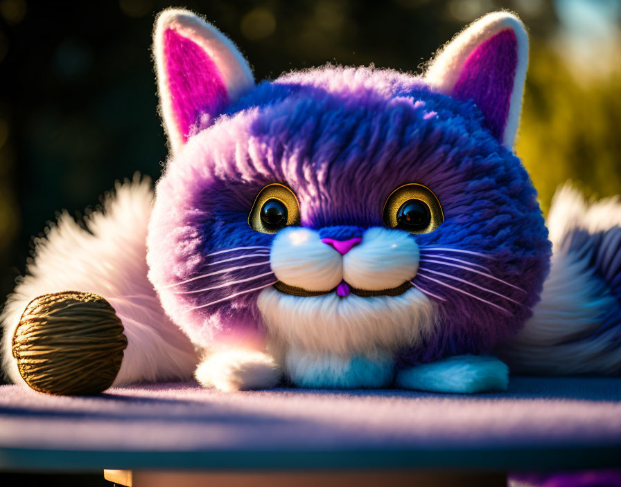 Purple Cat Plush Toy with Big Eyes and Fluffy Fur Beside Yarn Ball