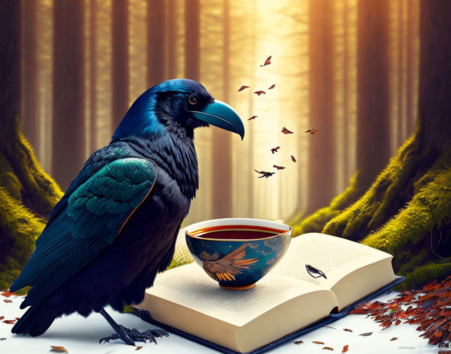 Raven, book, cup in mystical forest with autumn leaves