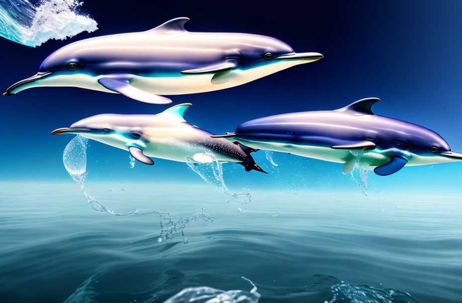 Colorful Dolphins Leaping Above Ocean