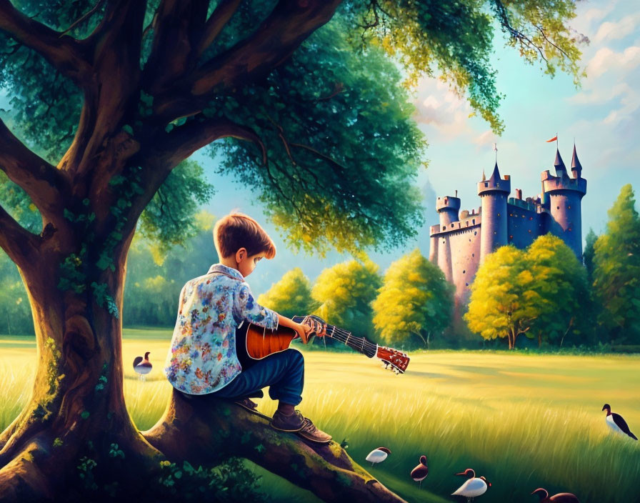 Boy playing guitar on tree branch near castle in sunlit meadow