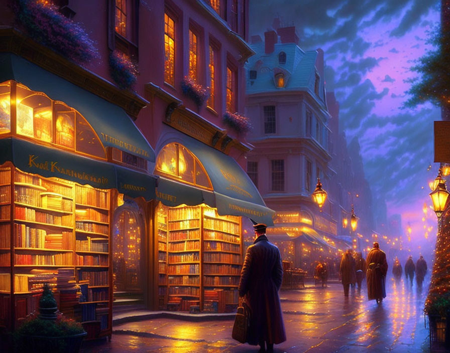 Twilight street scene with illuminated bookshop windows