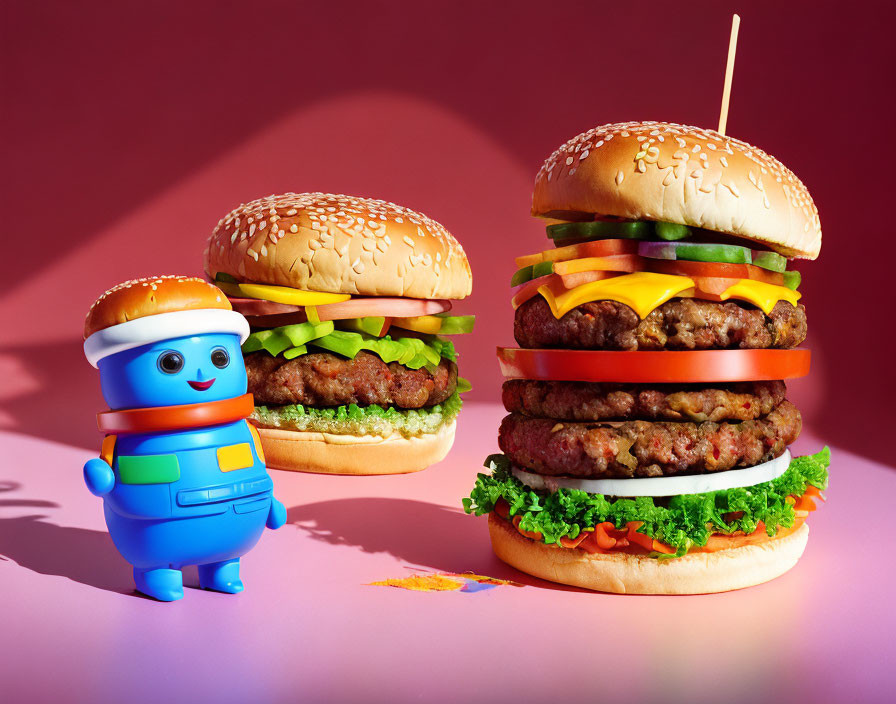 Toy astronaut with giant cheeseburger on pink background