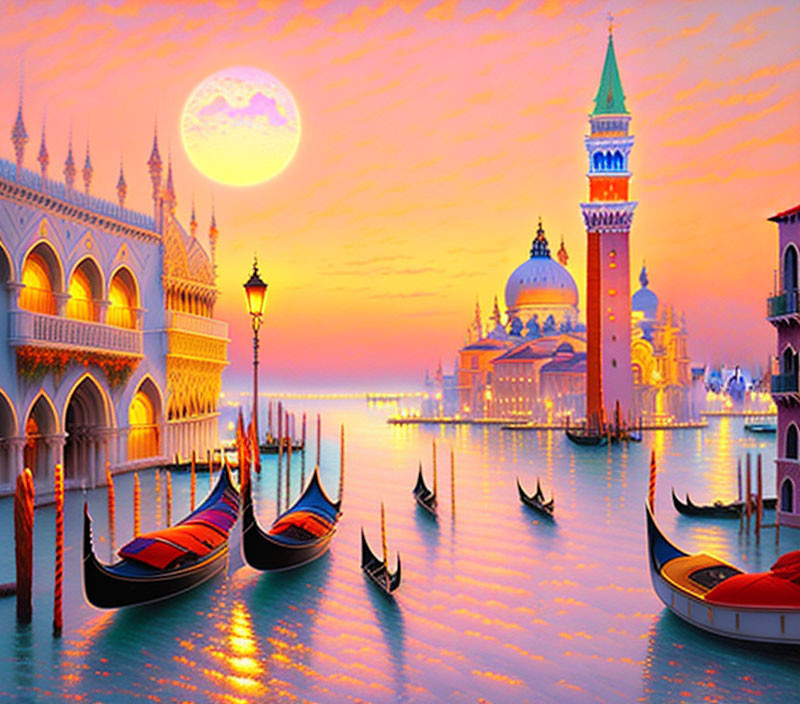 Digital Artwork: Venice Scene with Gondolas, Iconic Architecture, and Moon