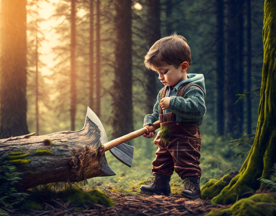 Child holding axe in forest with sunlight filtering through trees