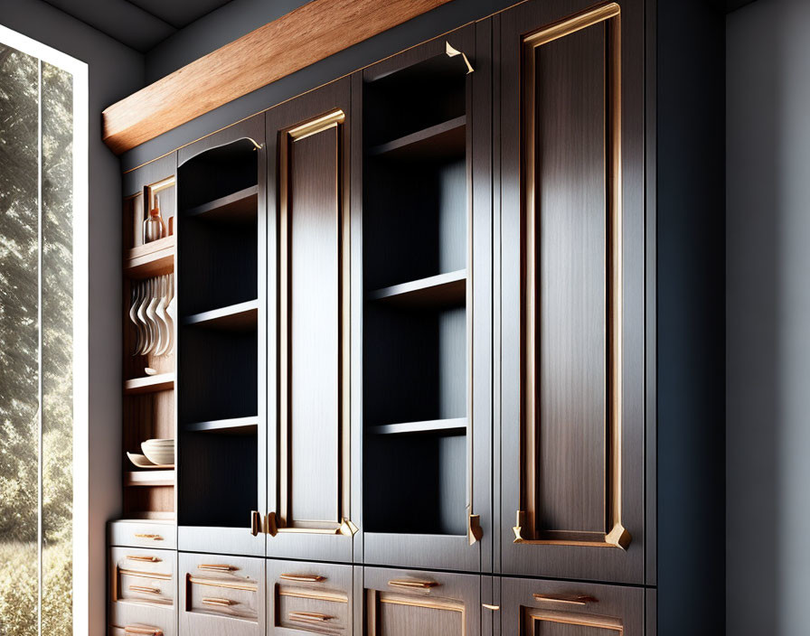 Contemporary kitchen with wooden cabinets, dishes on shelves, and golden handles under natural light