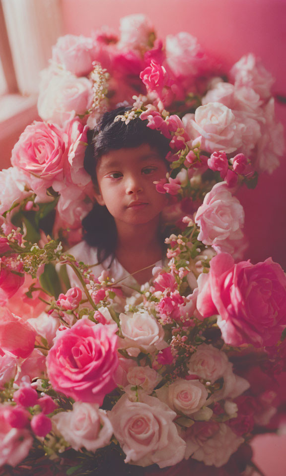 Child in pink and white rose garden with soft pink background