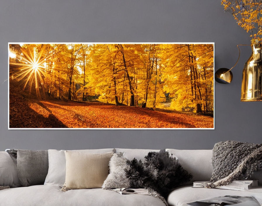 Panoramic autumn forest canvas above sofa with sun rays and shadows