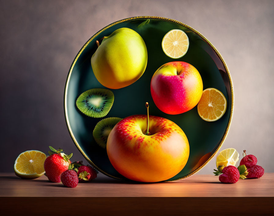 Colorful Fruit Still Life Composition on Decorative Plate