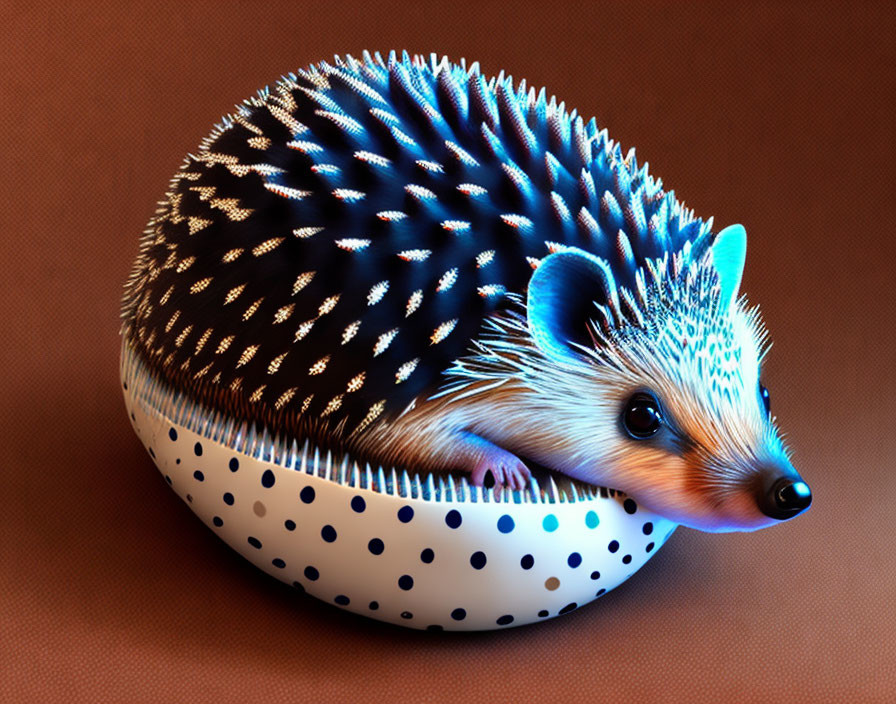 Stylized 3D hedgehog in polka dot bowl on brown background