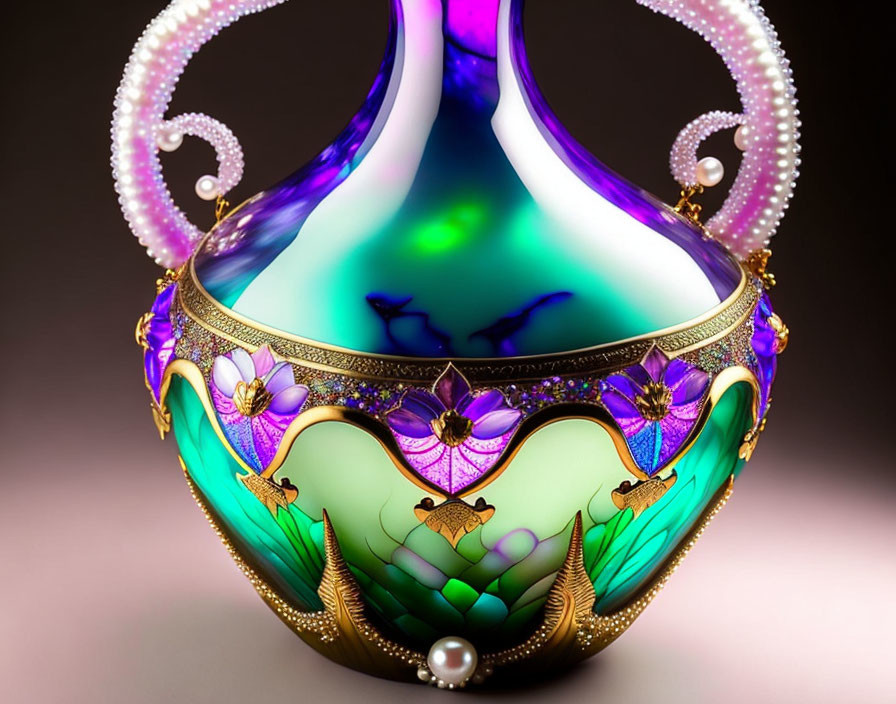 Colorful Glass Vase with Pearl Necklace and Floral Accents