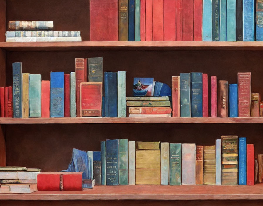 Colorful Well-Used Books on Wooden Bookshelf