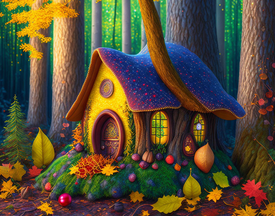 Enchanted forest scene with fantasy mushroom house and autumn leaves