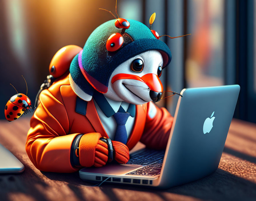 Anthropomorphic badger in orange suit with ladybug-themed hat using laptop