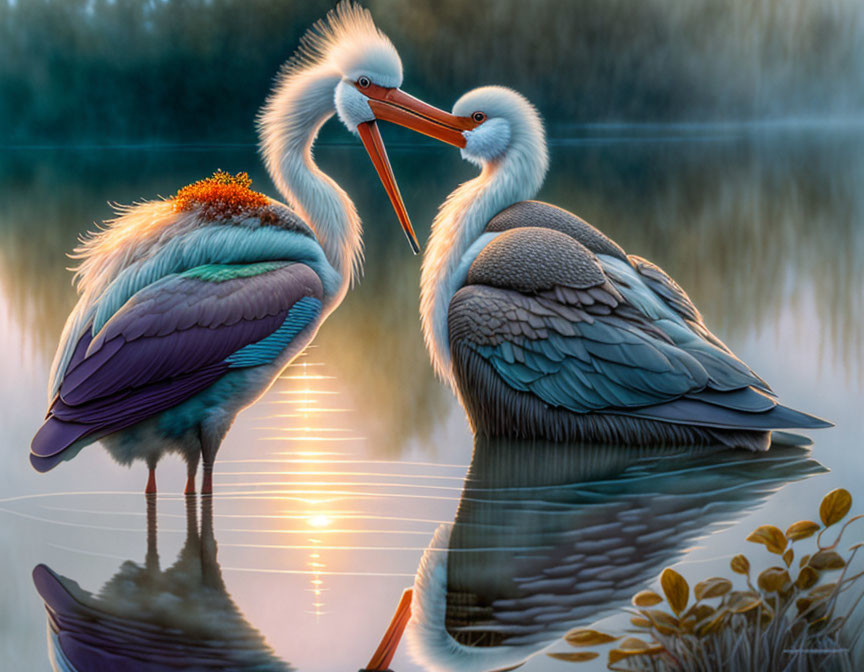 Pelicans interacting at sunset by tranquil lake.