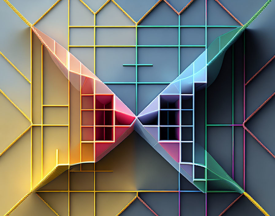 Multicolored 3D geometric diamond shapes on grid background