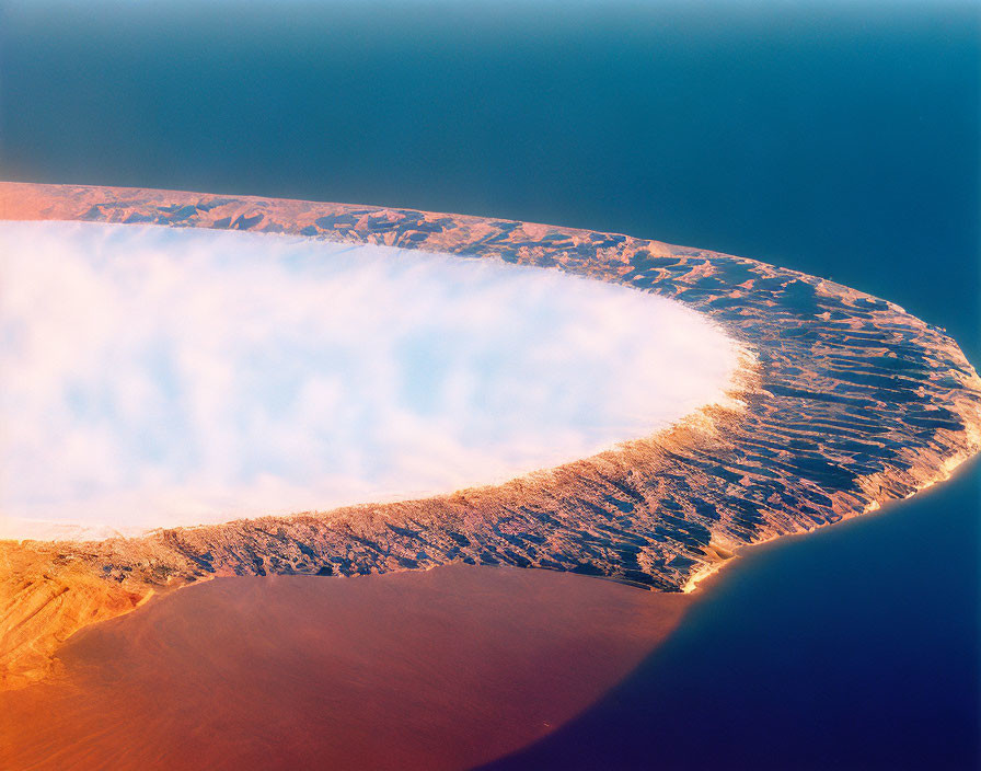 Circular crater with rugged rim and sand floor in aerial view