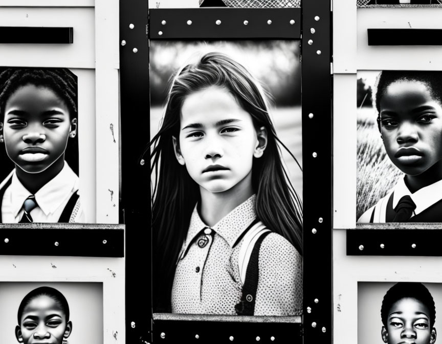 Monochrome children portraits on metal-framed panel