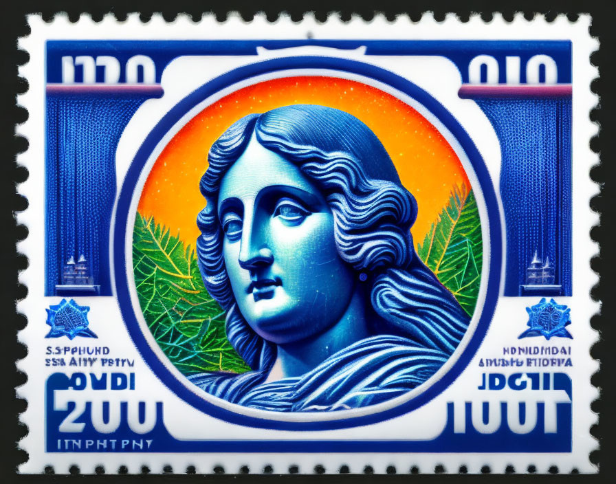 Colorful postage stamp with classic woman bust and vibrant orange halo in blue and white border.