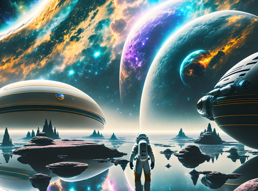 Astronaut on alien landscape with water pools, planets, and spaceships