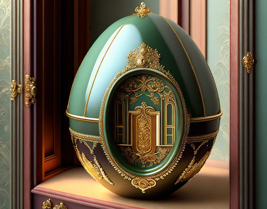 Intricate gold and green Fabergé egg on ornate shelf