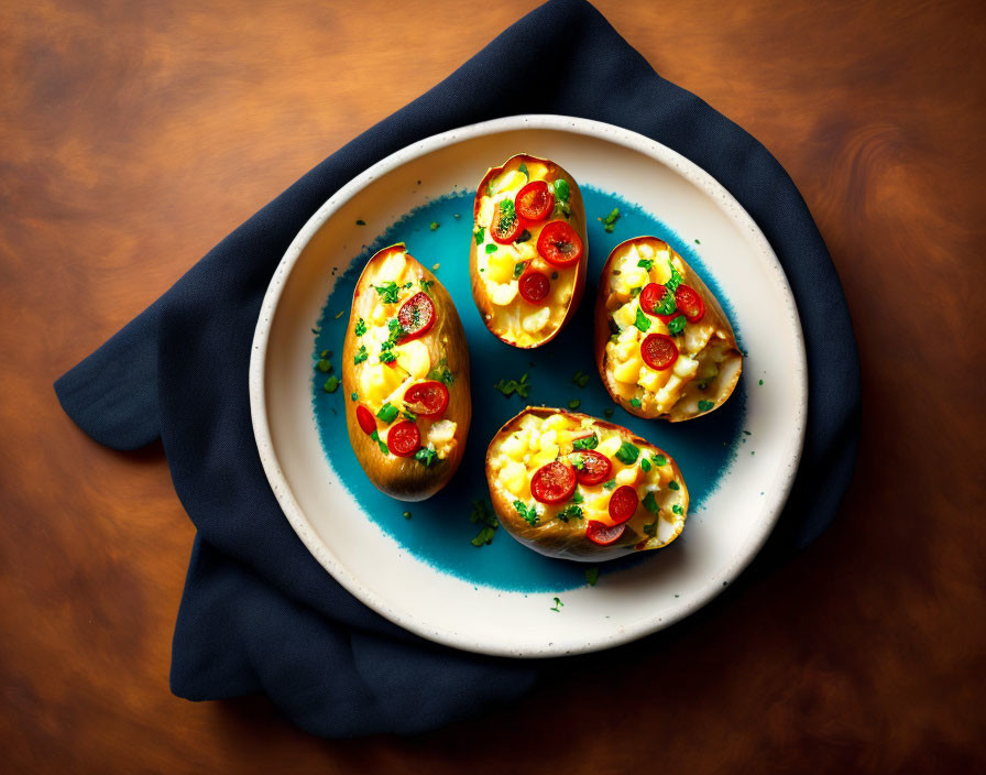 Stuffed avocado halves with cherry tomatoes and herbs on plate