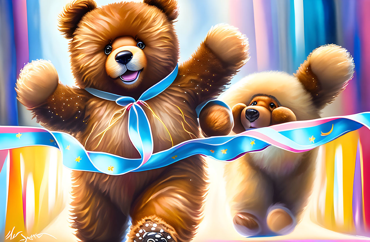 Fluffy teddy bears crossing ribbon finish line with colorful streaks