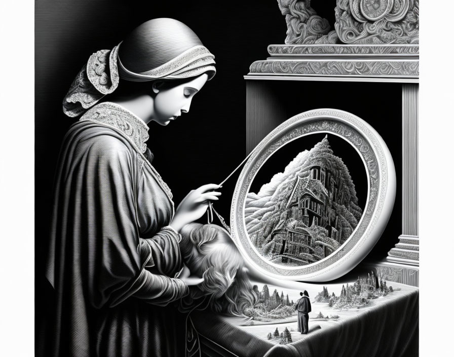 Monochrome illustration of woman in classical attire with reflective orb and detailed landscape