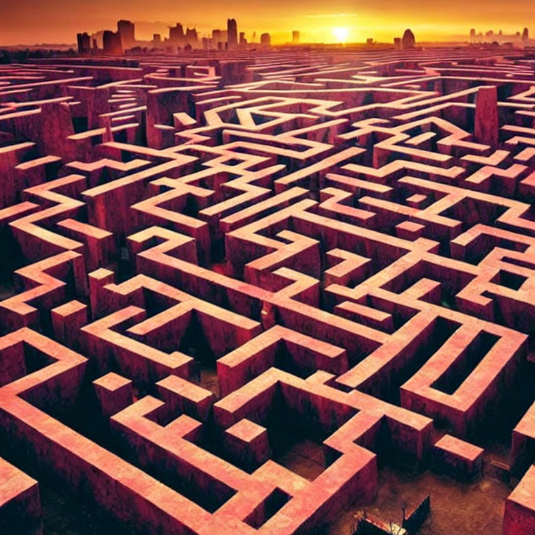 Sunset aerial view of complex maze with high walls and city skyline.