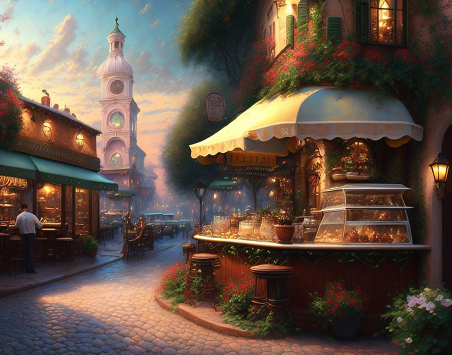 Charming street scene with bistro and patisserie at twilight