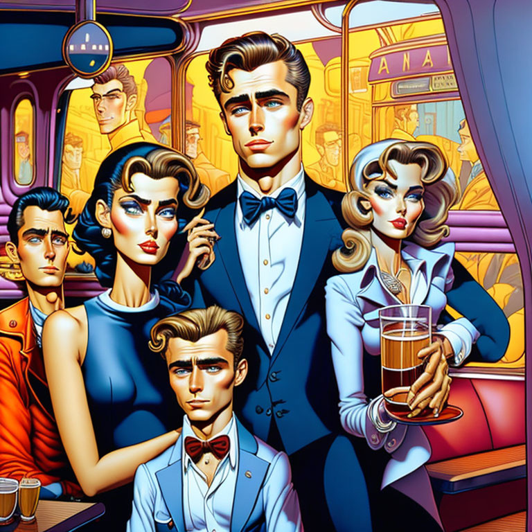 Stylized, elegant people on retro-futuristic bus with man in tuxedo surrounded by