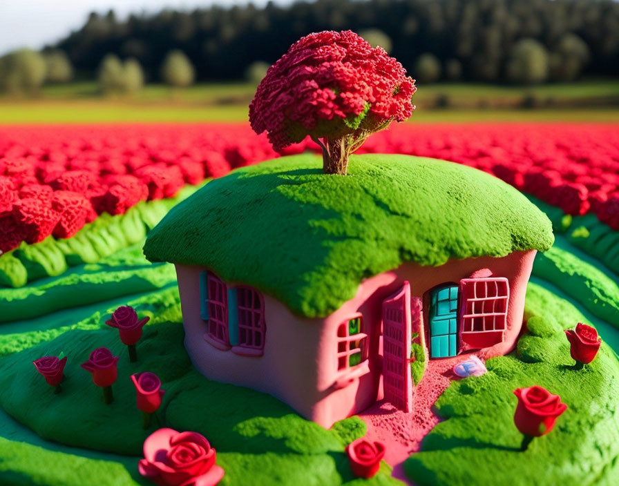 Colorful miniature scene with pink house, green roof, red flowers, blooming tree in lush me