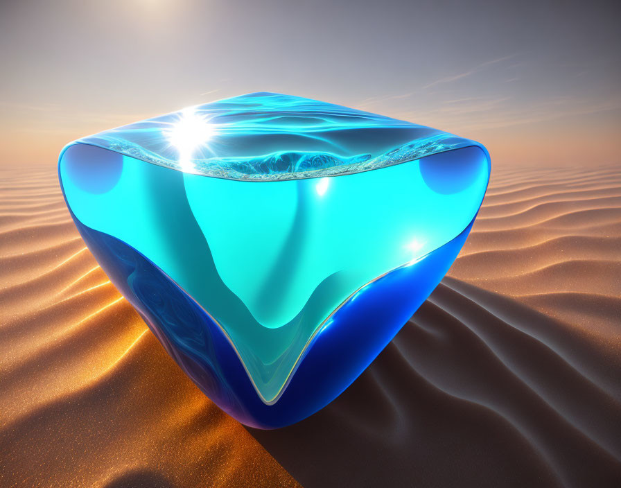 Translucent blue cube with fluid dynamics in desert setting