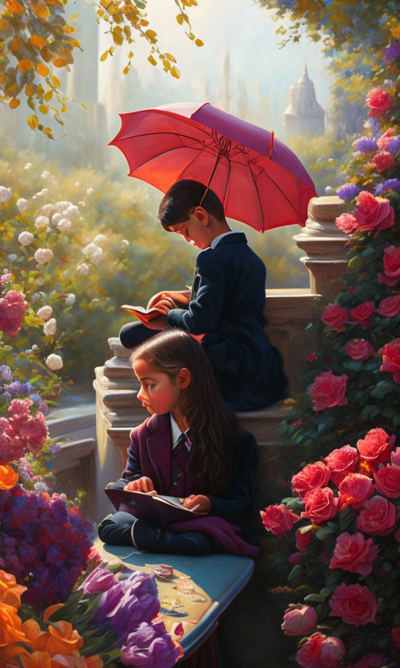 Children reading books in school uniforms with red umbrella and castle backdrop