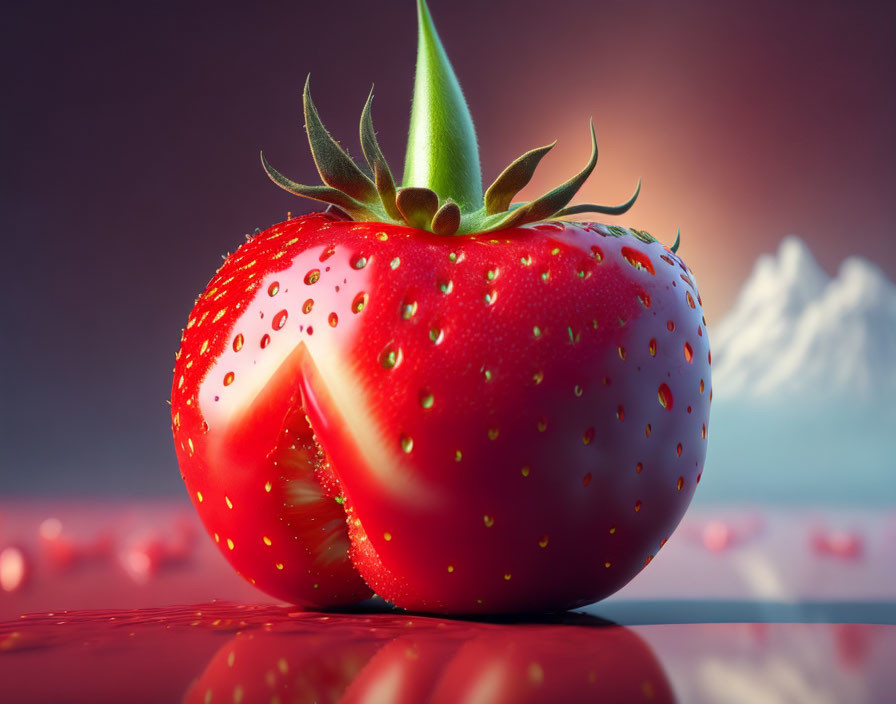 Fresh Juicy Strawberry with Slice Cut Out on Reflective Surface