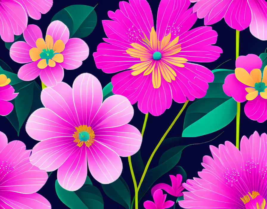 Colorful Pink and Magenta Flowers with Yellow Centers on Dark Background