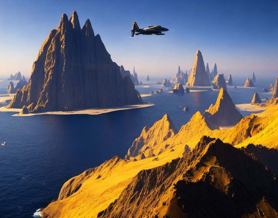 Jet flying over dramatic landscape with rock formations and river at sunset