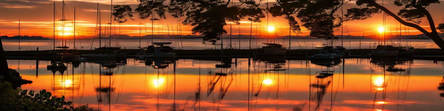 Sunset Marina: Boats, Reflections, Silhouetted Trees, Orange Sky