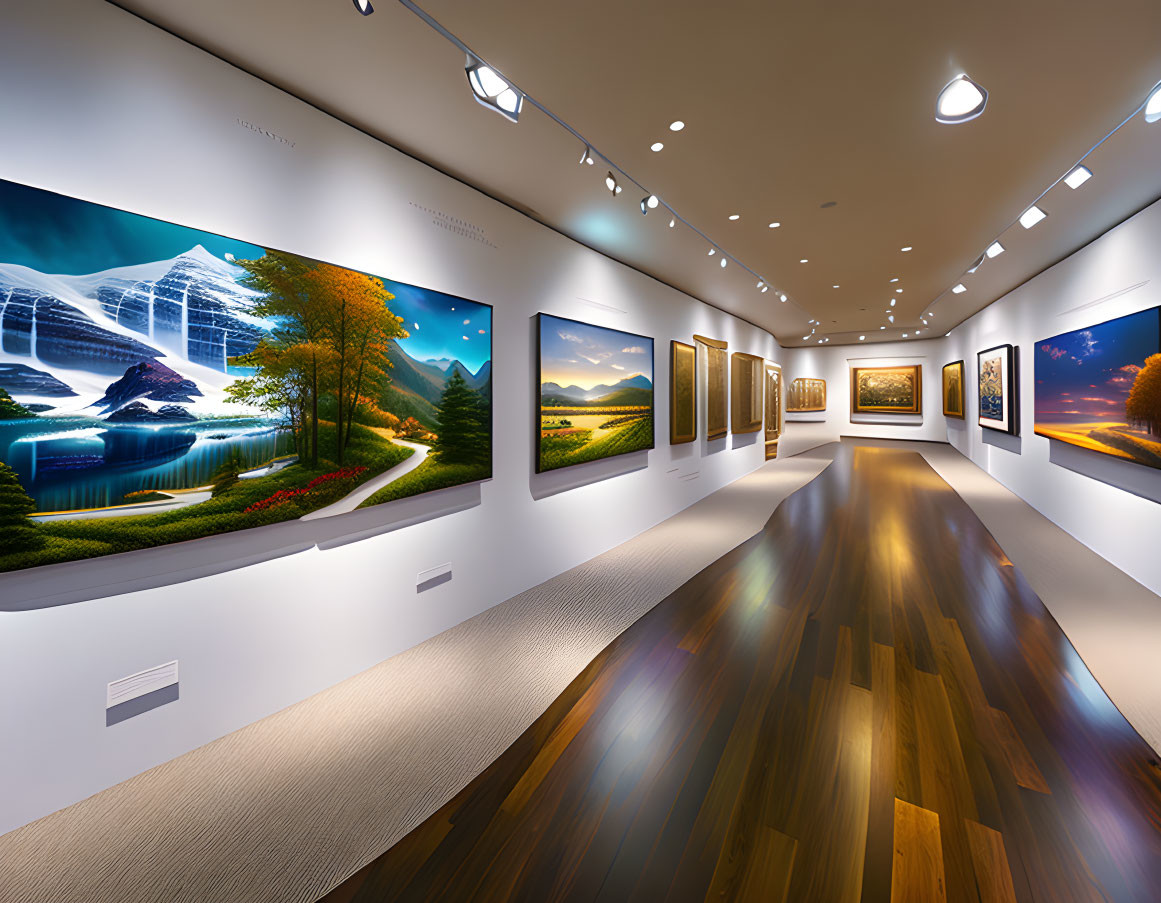 Vibrant landscape paintings in modern art gallery interior