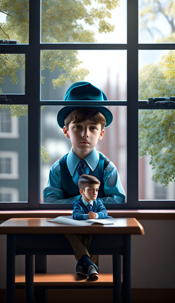 Contemplative boy in blue suit and hat seen through window with miniature version on desk