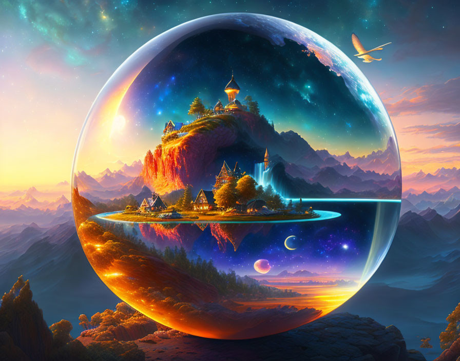 Surreal landscape in sphere: castle, houses, waterfalls, mountains, starry sky