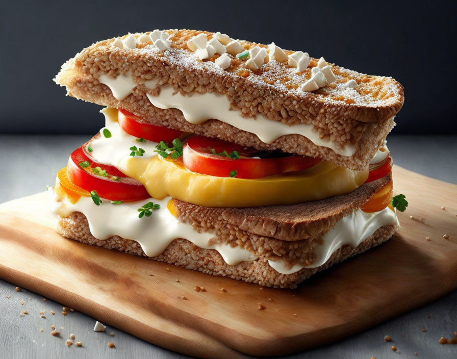 Sesame Bread Sandwich with Melted Cheese, Tomato, and Bell Pepper on Cutting Board