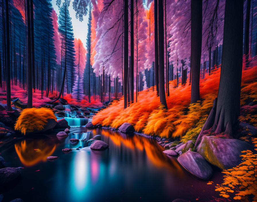 Colorful Forest Scene with Waterfall and Neon Foliage